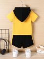 Baby Boys' Sneaker & Letter Print Colorblock Hooded Short Sleeve Top And Shorts Summer Outfit