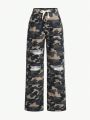 SHEIN Tween Girls' Camouflage Pattern Ripped Jeans