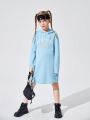 SHEIN Tween Girls' Sweet Casual Knitted Hooded Dress With Number Print