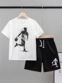 SHEIN Kids SPRTY Tween Boys' Loose Fit Basketball Pattern Round Neck Short Sleeve T-Shirt And Shorts Set