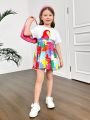 SHEIN Young Girl Knitted Round Neck Parrot & Floral Print Loose Casual Dress With Woven Panels