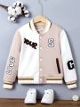 Girls' Color Block Baseball Jacket With Letter Embroidery For Tween