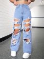 SHEIN Teen Girls' Y2K Spring Summer Boho Beach Washed Distressed Ripped Baggy Boyfriend Wide Leg Denim Jeans,Girls Summer Clothes Concert Outfits