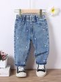 Baby Girl Floral Embroidery Elastic Waist Jeans