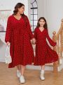 SHEIN Girls' Knitted Heart Pattern V-neck Loose Casual Dress, Mommy And Me Matching Outfits(2 Pieces Are Sold Separately)