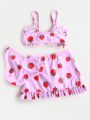 Baby Strawberry Print Frill Trim Bikini Swimsuit With Beach Skirt