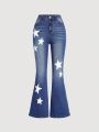 SHEIN Teenage Girls' Flared Jeans With Star Print And Wash, Spring/Summer