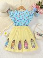 Young Girl Pencil Print Ruffle Trim Dress