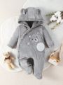 Baby Boys' Cartoon Embroidery Stand Collar With Ear Detail Hooded Flannel Jumpsuit Pajamas