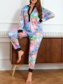 Plus Size Button Front Cartoon Print Pajama With Full Coverage