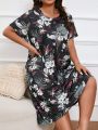 Plus Size Women's Floral Printed Round Neck Casual Sleep Dress