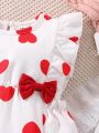 Baby Heart Print Ruffle Trim Bow Front Bodysuit