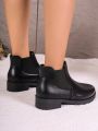 Women's Fashionable Short Boots, Chunky Heel, Round Toe, Black All-match Pu Leather Chelsea & Ankle & Slip-on Casual Boots