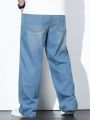 Extended Sizes Men's Plus Size Straight Leg Jeans With Geometric Patchwork Design