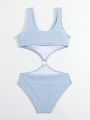 Teenage Girls' One-Piece Swimsuit With Hollow Out Design, Solid Color