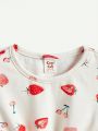 Cozy Cub Baby Girls' 2pcs/Set Cartoon Strawberry Pattern Round Neck Top With Regular Shoulder