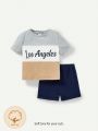 Cozy Cub Baby Boy's Letter Print Colorblock Short Sleeve Pullover With Round Neck And Solid Color Shorts Two Piece Outfits