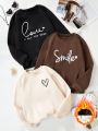 SHEIN Kids EVRYDAY 3pcs/Set Tween Girls' Heart & Letter Print Fleece Lined Sweatshirt With Round Neck