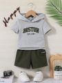 SHEIN Baby Boy's Casual Knitted Letter Print Short Sleeve Hooded Top And Shorts Set