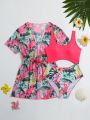 Tween Girl Tropical Print Cut Out One Piece Swimsuit With Kimono