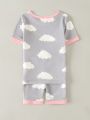 Toddler Girls Cloud Print Contrast Binding PJ Set