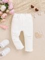 SHEIN New Style White Loose, Comfortable, Ripped, Cute And Fashionable Long Denim Trousers For Babies And Children (Girls)