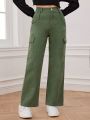 Teen Girl'S Vintage Street Style Multi-Pocket Loose, Comfortable, Washed Green Cargo Denim Pants