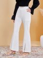 SHEIN Teen Girls' Solid Color Knitted Elegant High Waist Tassel Chain Decorated Slit Flare Pants