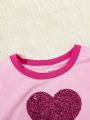 SHEIN Teen Girls' Knitted Patchwork Heart Sequin Embroidery Casual T-shirt