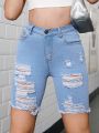 SHEIN Teen Girls' Y2K Trendy Ripped And Distressed High Waisted Stylish Skinny Denim Shorts,Perfect For Spring And Summer Outfits