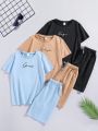 SHEIN Kids EVRYDAY 6pcs Tween Boys' Loose Fit Casual Round Neck Letter Printed Short Sleeve T-Shirt And Shorts Set