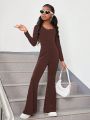 SHEIN Kids Cooltwn Tween Girls' Streetwear Knitted Solid Color Square Neck Long Sleeve Jumpsuit