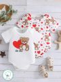 Baby Boy Cute Casual Heart & Bear Print Romper 2pcs/Set