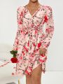 Women's V-Neck Waist-Cinching Plant & Flower Print Romantic Vacation Style Dress