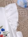 SHEIN Kids HYPEME Tween Girls' Positioning Floral Printed Short Sleeve Dress With Woven Belt