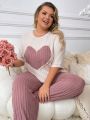 Plus Size Love Heart & Letter Embroidery Top Pure Color Pants Pajama Set