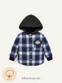 Cozy Cub Baby Boy Plaid Print Letter Patched Hooded Coat