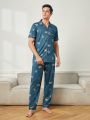 Men's Blue Bear Printed Short Sleeve Shirt Collar Long Pants Pajama Set