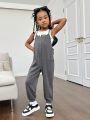 SHEIN Kids Cooltwn Young Girl Daily Casual Spring Summer Knitted Solid Color Spaghetti Strap Jumpsuit