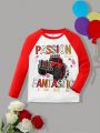SHEIN Boys' Casual Comfortable Printed Pattern Patchwork Contrast Color Raglan Sleeve Top