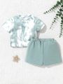SHEIN Newborn Baby Boy Tie-Dye Coconut Tree Pattern Round Neck Short Sleeve Top And Shorts Leisure Vacation 2pcs Outfit