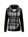 SHEIN LUNE Plus Size Plaid Patchwork Drawstring Draped Collar Button Detail Sweatshirt