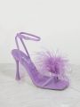Fluffy Faux Feather Strappy High Heeled Sandals