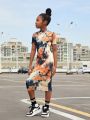 SHEIN Kids Cooltwn Tween Girl Casual Knit Tie-Dye Stand Collar Dress For Holiday