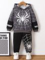 SHEIN Kids QTFun Young Boy 2pcs/Set Trendy Spider Printed Hoodie And Sweatpants, Casual And Comfortable, For Spring And Autumn