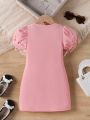 SHEIN Kids FANZEY Young Girls' Vintage Simplistic Beaded Integrated Bubble Short Sleeve Dress