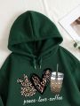 Plus Size Letter & Heart Printed Drawstring Hooded Sweatshirt With Fleece Lining And Oversized Sleeves