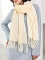 1pc Women's White Fringed Faux Cashmere Soft And Warm Scarf Shawl In Plus Size, Suitable For Daily Wear