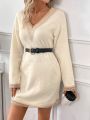 SHEIN Frenchy Women's V-neck Lace Trimmed Sweater Dress With Weave Belt, Without Waistband