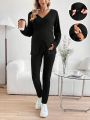 SHEIN Maternity Crossover Striped Long Sleeve T-Shirt And Leggings Set
